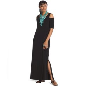 Chico’s Classy Black Cold Shoulder Maxi Dress Flowy Shift Style Side Slit Sz 0